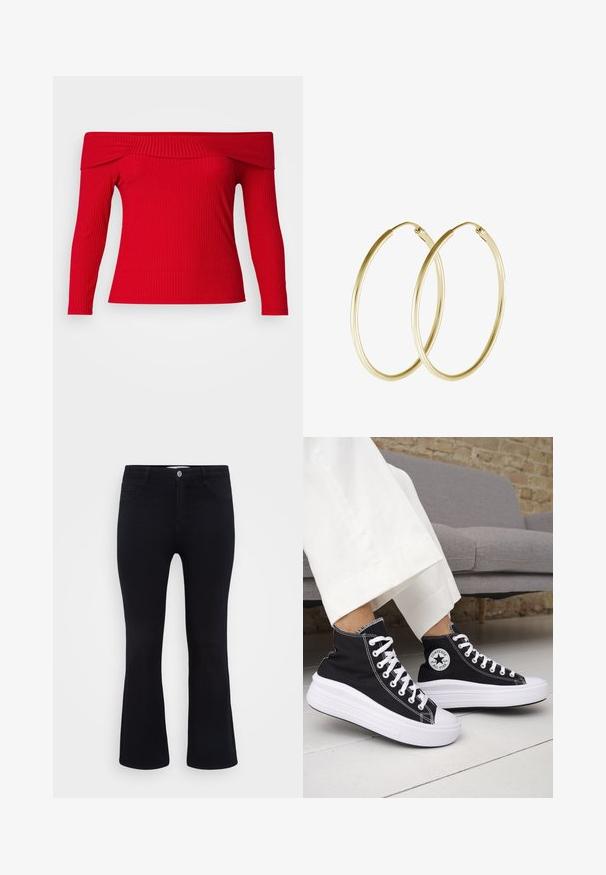 Raudonas off-the-shoulder ilgas rankovės viršus su susiraizgiusiu tekstūra. Prigludęs dizainas pabrėžia siluetą. Lygus audinys su švariu iškirpimu.; ONLY Carmakoma CARTHUNDER PUSH UP - Platėjantys džinsai - black denim; Juodi aukštakulniai sportbačiai su baltais guminiu padu ir raišteliais. Ant jų yra apvalus logotipo lopas ir kontrastingos baltos siūlės. Pagaminti iš drobės medžiagos.; Aukso auskarai žiedai su lygia, apvali forma ir blizgiu paviršiumi. Lengva konstrukcija su saugiu užsegimu.