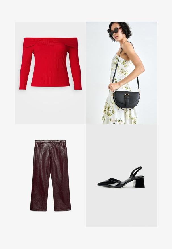 Röd off-shoulder långärmad topp med ribbad struktur. Tight passform framhäver silhuetten. Slät tyg med ren halsringning.; Burgundy fusk läder vida byxor med en glänsande yta, fem fickor och silverdetaljer.; Svarta lackläder slingback klackar med spetsig tå och geometrisk klack. Har en elegant, minimalistisk design och slät yta.; Svart läderhandväska med en böjd form, avtagbar rem och guldiga detaljer. Väskan har ett lock med en spänndetalj.