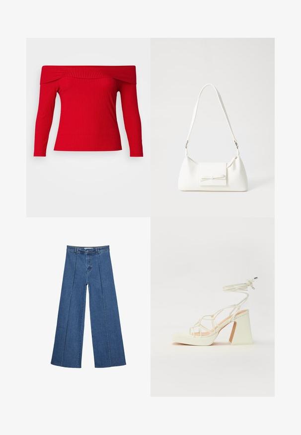 Červený top s dlhými rukávmi, ktorý sa nosí na jedno plece, s ribovanou textúrou. Úzky strih zvýrazňuje siluetu. Hladká tkanina s čistým výstrihom.; Rovné džínsy s širokými nohavicami v strednom modrom odtieni, so zvýšeným pásom, zapínaním na gombík a kontrastnými vertikálnymi švami pozdĺž prednej strany.; Biele sandále na vysokom opätku s hrubým podpätkom, s pruhovaným dizajnom a viazaním na členku. Hladký povrch s platformou vpredu pre zvýšenú výšku.; Biela syntetická kabelka s trojuholníkovým tvarom, plochým predným klapkou a detailom mašle, nastaviteľným popruhom, hladkou textúrou a minimalistickým dizajnom.
