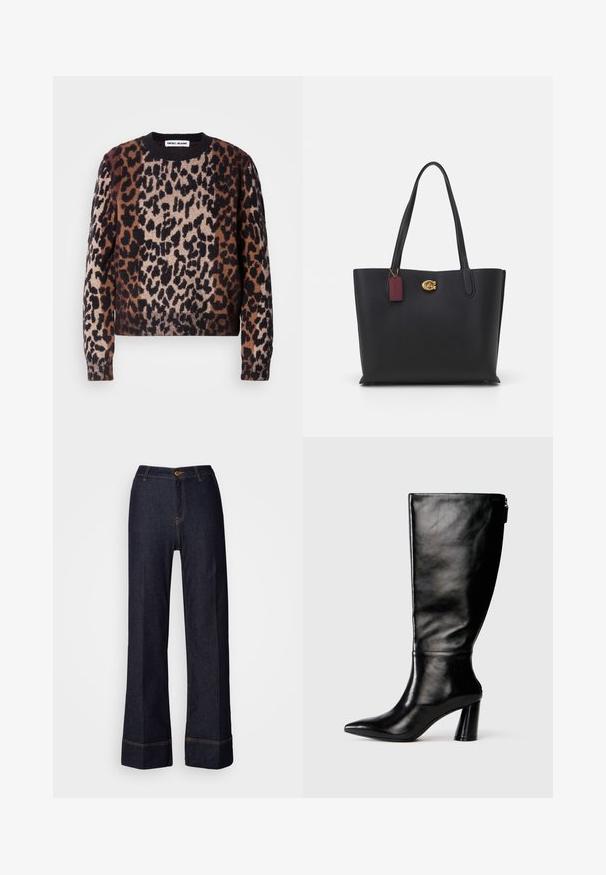 Leopardi-kuvioinen neule ruskean, mustan ja kermaisen sävyissä. Pehmeä pinta, pyöreä kaula-aukko, ja ribbaatut hihat sekä helma. Renno ja lyhyt malli.; Tummat farkut leveillä lahkeilla ja korkealla vyötäröllä, joissa on edessä nappisuljenta ja oranssit ompeleet. Liukas pinta kauttaaltaan.; Mustat nahkasaappaat, joissa on terävä kärki, sileä pinta ja paksu korko. Takana on vetoketjuyksityiskohta.; Musta nahkainen olkalaukku, jossa on kaksi pitkää kahvaa, teksturoitu pinta, kultaiset varusteet ja viininpunainen tarra. Tilava muotoilu avoimella yläosalla.