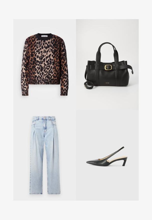 Pulover z leopardjim vzorcem v odtenkih rjave, črne in smetane. Mehak material, okrogla vrata in rebrasti manšeti ter spodnji del. Priložnostna, skrajšana zasnova.; Svjetloplave traperice visoko struka, širokog kroja, s dva bočna djepa i naboranim dizajnom. Mekana tekstura s izblijedjelim završetkom.; Črne čevlje s koničastimi nosovi in slingback obliko z nizko peto, izdelane iz gladke usnjene materiale ter s črtasto zasnovo na strani za prezračevanje.; Črna usnjena torba s strukturirano zasnovo, dvojni zgornji ročaji, zlato-tonirni zaponka kot dodatek in vtisnjeni logotip blagovne znamke spredaj.