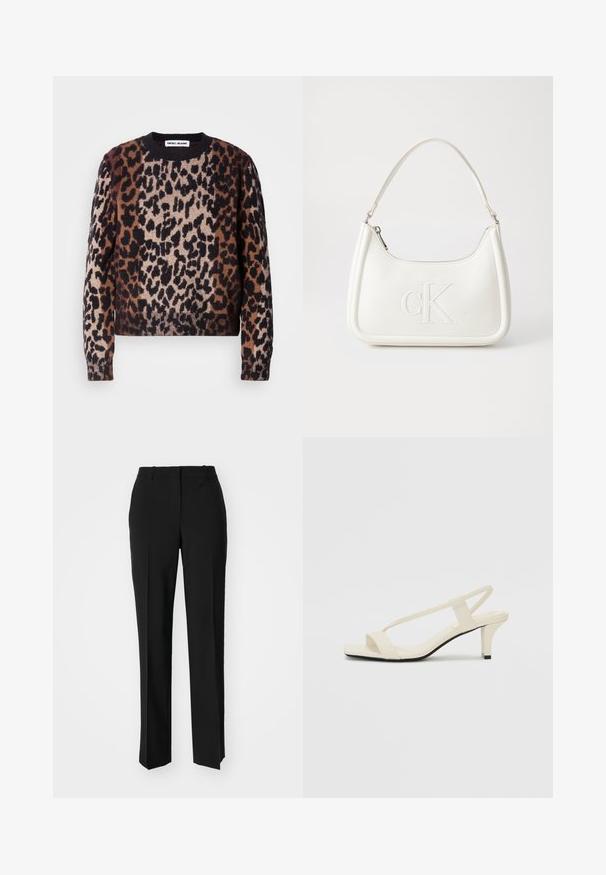 Leopardenmuster Pullover in Braun-, Schwarz- und Creme-Tönen. Weicher Stoff, Rundhalsausschnitt und gerippte Bündchen und Saum. Lässiges, kurzes Design.; Schwarze, taillierte Hose mit geradem Bein, aus einem glatten Stoff und mit klaren Falten an der Vorderseite. Keine sichtbare Hardware.; Beige Blockabsatzsandalen mit dünnen Riemen und quadrater Spitze. Glattes Material mit minimalem Design, entworfen für einfaches Tragen.; Weiße Lederhandtasche mit abgerundeter Form, ausgestattet mit einem geprägten "CK"-Logo auf der Vorderseite und einem Einzel-Schultergurt. Reißverschluss oben.