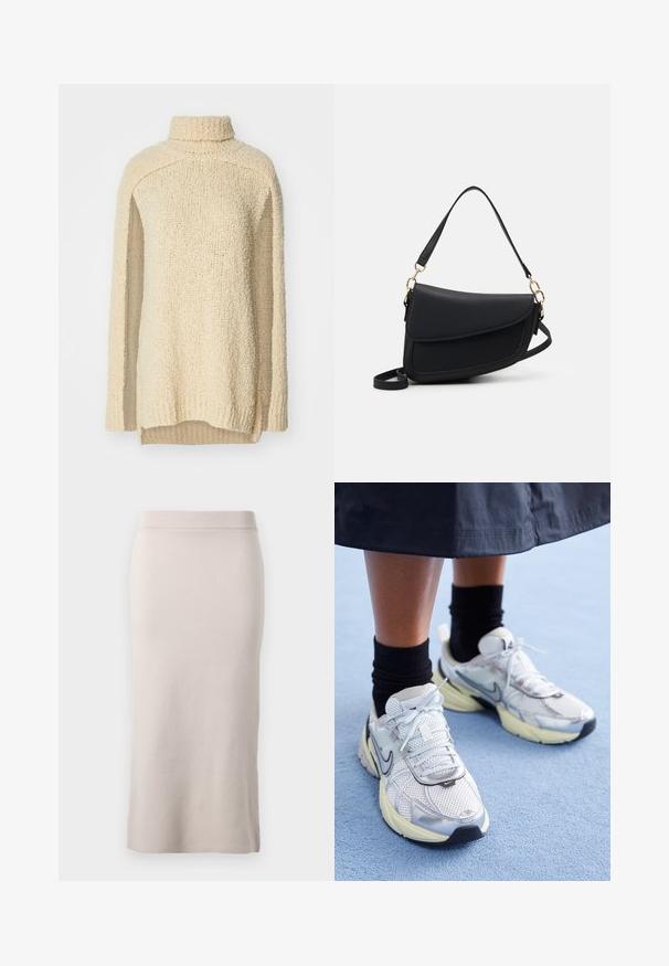 Beżowy, gruby sweter z wysokim kołnierzem, długimi rękawami i bocznymi rozcięciami. Teksturowana powierzchnia o miękkim, przytulnym wyglądzie.; Sukienka ołówkowa z dzianiny w jasnym beżowym kolorze, z prążkowanym pasem, dopasowanym krojem i bocznym rozcięciem dla ułatwienia ruchów. Miękka tekstura, minimalistyczny design.; Białe i srebrne sneakersy Nike z siateczkowym materiałem, odblaskowymi akcentami i beżową podeszwą. Noszone z czarnymi skarpetkami, stojące na niebieskiej powierzchni.; Czarna torebka skórzana o teksturowanym wykończeniu, z pojedynczym paskiem na ramię i złotymi akcentami. Design jest elegancki i minimalistyczny.