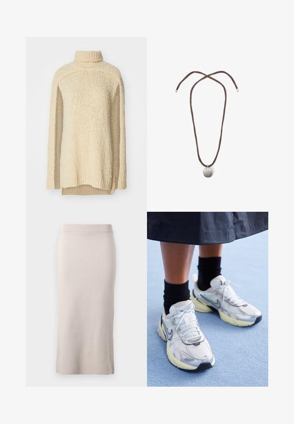 Beiger, grob gestrickter Pullover mit hohem Kragen, langen Ärmeln und seitlichen Schlitzen. Strukturiert Oberfläche mit einem weichen, gemütlichen Aussehen.; Strick-Bleistiftrock in einem hellbeigen Farbton, ausgestattet mit einem gerippten Bund, schmaler Passform und seitlichem Schlitz für mehr Bewegungsfreiheit. Weiche Textur, minimalistisches Design.; Weiße und silberne Nike-Sneaker aus Mesh-Gewebe, mit reflektierenden Akzenten und einer beigen Sohle. Getragen mit schwarzen Socken und stehend auf einer blauen Fläche.; Halskette mit einem braunen Band und einem silbernen ovalen Anhänger. Der Anhänger hat eine glatte Oberfläche und eine leichte Vertiefung in der Mitte.