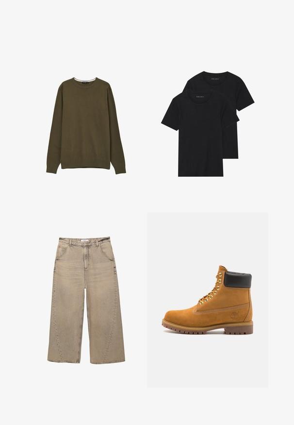 Pullover verde oliva con collo a giro, maniche lunghe e orlo a coste, realizzato in un morbido materiale lavorato a maglia. Nessun motivo o dettaglio prominente.; Due magliette nere di cotone a maniche corte, con scollatura rotonda e una texture liscia, esposte impilate insieme.; PULL&BEAR MEGA BAGGY - Jeans baggy - light grey; Stivale alla caviglia in suede tan con collare imbottito nero, occhielli in metallo dorato, dettagli in cucitura bianca e suola in gomma robusta con battistrada pronunciato.