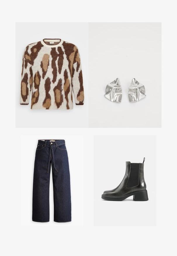 Maglione a maglia con base crema e stampa animale marrone e beige. Collo rotondo, maniche lunghe, texture morbida e vestibilità rilassata.; Jeans in denim scuro a gamba larga con vita alta, dotati di un laccio, cinque tasche e dettagli di cucitura a contrasto.; Stivali alla caviglia in pelle nera con una finitura liscia, pannelli laterali elastici e un tacco robusto. Presentano una linguetta per facilitare l'inserimento.; Orecchini in metallo argento con un design ondulato e scultoreo, caratterizzati da una finitura lucida e forme irregolari, che evidenziano un'estetica contemporanea.