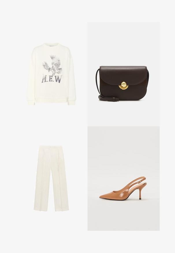 My Essential Wardrobe DIEGO EAGLE - Sweatshirt - snow white; Bredbenede bukser i en lys cremefarve. Fremstillet af et glat stof med plisseringer foran og sidelommer.; Spids tå slingback hæl i et glat, blankt tan materiale. Har et buet udskæring design og en slank stiletto hæl. Sølv spænde detalje.; Furla SFERA - Skuldertasker - cioccolato; Guldtonet armbånd med sammenflettede metalliske bånd med en glat, poleret finish og åben design. Let og minimalistisk.