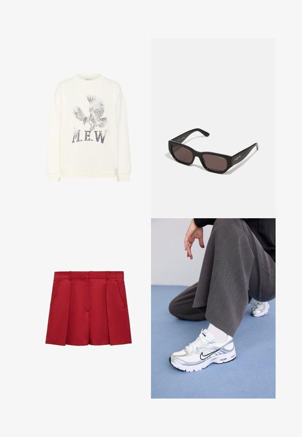 My Essential Wardrobe DIEGO EAGLE - Sudadera - snow white; Bermudas rojas a medida, confeccionadas en tejido ligero, con un frente plano, dos bolsillos laterales y un acabado nítido con pliegues.; Zapatillas deportivas blancas y plateadas con materiales de malla y sintéticos, con líneas de acento negras, cordones y suelas texturizadas.; Gafas de sol rectangulares negras con lentes oscuros. Cuentan con una montura de plástico suave y detalle del logo en la varilla. Diseño limpio y moderno.; Bolso burdeos de material sintético con un diseño estructurado, que cuenta con una correa desmontable y una bufanda con estampado floral atada al asa.
