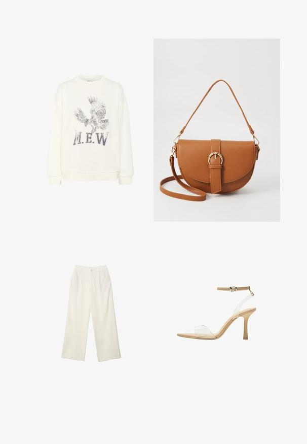 My Essential Wardrobe DIEGO EAGLE - Sportska majica - snow white; Hlače širokih nogavica od kremaste tkanine s glatkom teksturom, s jednim prednjim gumbom, suptilnim plitvicama i visokim strukom.; Sandal s prozirnim potplatom i prozirnim gornjim dijelom, bež uloškom i tankim remenom oko gležnja. Ima špicasti vrh i tanak visoki potplat.; Smeđa kožna torba preko tijela s zakrivljenim oblikom, zlatnim metalnim detaljima i naglaskom na kopču. Ima odvojivu naramenicu.