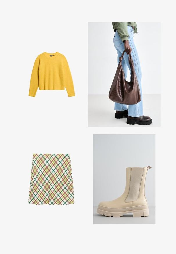 Pull en maille côtelée jaune avec des manches longues et un col rond. Présente une coupe courte et un tissu texturé. Sans boutons ni accents supplémentaires.; Jeune femme aux longs cheveux blonds, portant un haut sans manches blanc et un pantalon noir, se tenant contre un fond clair.; Jupe blanche en A avec un motif à carreaux entrecroisés vert, marron et jaune, longueur genou, présentée sur un fond blanc.; Bottine beige avec une tige en cuir lisse et des panneaux élastiques sur les côtés. Elle présente une semelle épaisse et texturée avec un motif à crampons et une languette en boucle.; Sac fourre-tout en cuir tissé marron avec des poignées nouées, porté par une personne en jean bleu clair et des chaussures noires épaisses. Surface lisse et texturée.