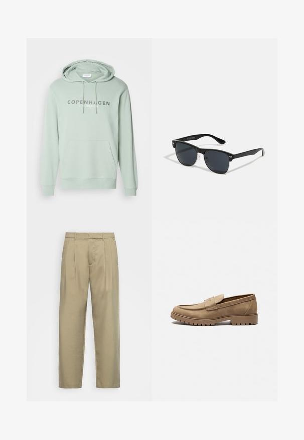 Sudadera verde claro con un bolsillo canguro en la parte frontal. Presenta "COPENHAGUE" y "LIINDGBERGH" impresos en gris contrastante. Tejido suave, capucha con cordón.; Pantalones beige de cintura alta con corte recto, con frente plano, bolsillos laterales y una tela suave y texturizada.; Mocasines de gamuza color marrón claro con punta redondeada, suela plana de goma y costuras decorativas en la parte superior. Presentan un diseño sin cordones para poner y quitar fácilmente.; Gafas de sol negras con forma rectangular, lentes oscuros, detalles plateados en las patillas y un acabado mate en la montura.