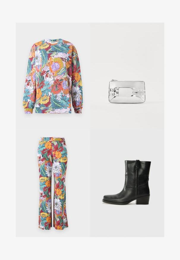 Felpa a maniche lunghe con un vivace motivo floreale, caratterizzata da più colori tra cui rosso, arancione, blu e verde. Collo a girocollo con polsini a costine.; Pantaloni a palazzo con un motivo floreale multicolore, caratterizzati da fiori arancioni, viola e verde acqua e foglie verdi su uno sfondo bianco.; Stivale ankle in pelle nera con punta arrotondata, tacco a blocco, cerniera laterale e dettagli in cucitura sulla tomaia. Texture liscia, design classico.; Borsa a pochette metallica argento con texture liscia, forma rettangolare, chiusura a zip e due cinturini decorativi sul davanti.