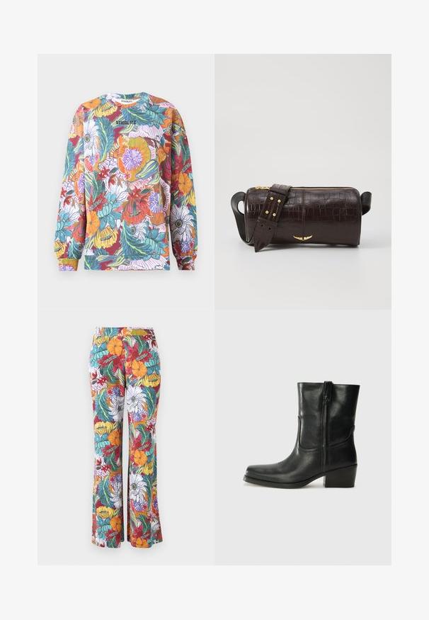 Langarm sweatshirt met een levendig bloemmotief, met meerdere kleuren zoals rood, oranje, blauw en groen. Ronde hals met geribbelde manchetten.; Uitlopende broeken met een meerkleurig bloemenpatroon, met oranje, paarse en turquoise bloemen en groene bladeren op een witte achtergrond.; Zwarte leren enkellaars met een ronde neus, blokhak, zijrits en stikselaccenten op de wreef. Gladde textuur, klassiek ontwerp.; Bruine krokodil-embosserende leren tas met een cilindervorm, gouden hardware en een afneembare schouderband met studs.