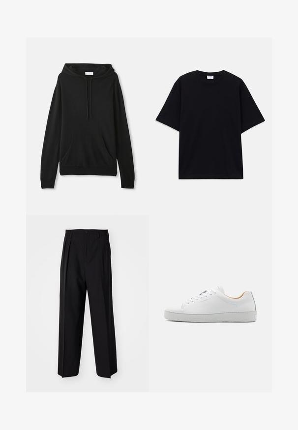 Sudadera negra hecha de tela suave; cuenta con un bolsillo canguro frontal, capucha con cordón, mangas largas y ribetes en la cintura y los puños.; Camiseta oversized de manga corta en negro con escote redondo y etiqueta de la marca Filippa K visible en el interior del cuello.; Pantalones negros plisados con un diseño recto y de pierna ancha. Fabricados en una tela suave, presentan un cierre de botón y trabillas para el cinturón.; Zapatilla de cuero blanca con un acabado suave, con puntera redonda, cordones blancos y una suela de goma gris. Diseño sencillo con una marca mínima.