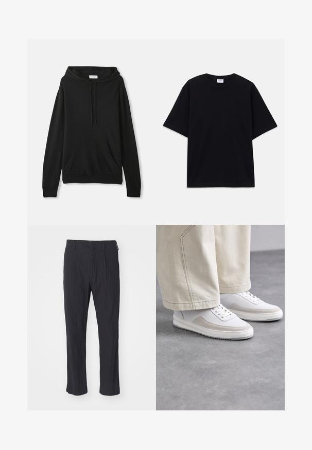 Sudadera negra hecha de tela suave; cuenta con un bolsillo canguro frontal, capucha con cordón, mangas largas y ribetes en la cintura y los puños.; Camiseta oversized de manga corta en negro con escote redondo y etiqueta de la marca Filippa K visible en el interior del cuello.; Pantalones negros con plisados de tejido texturizado, con un diseño de pierna recta y cinturilla estándar. Sin bolsillos visibles ni herrajes.; Zapatillas blancas con un upper de cuero suave, acentos de ante beige, cordones planos y una suela de goma texturada, combinadas con pantalones anchos de tonos claros.
