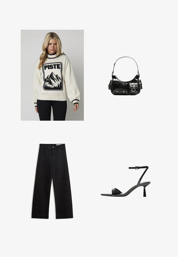 Maglione lavorato a maglia color crema con grafica di una montagna nera e testo "PISTE". Presenta un collo alto e polsini a coste con strisce in contrasto.; Pantaloni in denim neri a gamba larga con vita alta, dotati di tasche anteriori e posteriori, cuciture a punto, e chiusura con bottone. Texture liscia.; Bershka Sandali con tacco - black; Borsa a spalla in vernice nera con forma curvata, una tracolla, tasche frontali e dettagli in metallo argentato.