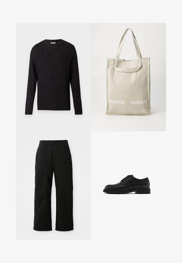 Black long-sleeve sweater with chevron knit pattern and ribbed cuffs and hem, crew neckline, displayed on plain white background.; Check shirt in beige and white plaid pattern with light blue accents. Long sleeves, button-down front, and single chest pocket. Cotton material.; Black cotton pants with an elastic waistband, wide leg design, and large side pockets. Fabric appears soft with a smooth texture.; Black leather dress shoe with a textured finish, round toe, five eyelets for laces, and a sturdy black sole. Simple, straight design.; Canvas tote bag in light beige with dual handles, featuring "SAMSOE" logo in white printed on the front. Rectangular shape with simple design.