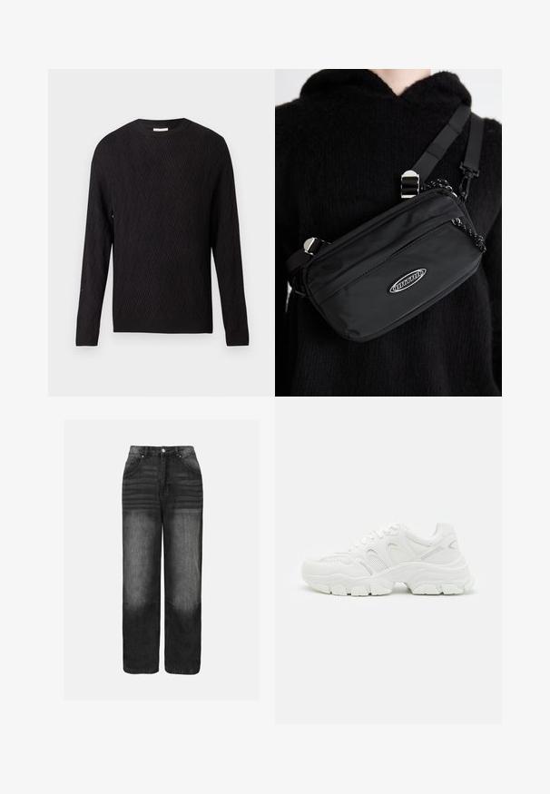 Črna dolga majica z dolgimi rokavi z chevron pletenjem in rebrastimi manšetami ter robom, okruglim ovratnikom, prikazana na enobarvni beli podlagi.; Črne jeans hlače iz denima z efektom bledenja, s poudarjenim pasom, zasnovo petih žepov in ravnim krojem. Vidni so kovinski deli in detajli šivanja.; Beli atletski tenis z mrežastim zgornjim delom in usnjenimi dodatki, teksturiran gumijast podplat ter masiven dizajn z opaznimi konturami.; Črn najlon torba za čez ramo z nastavljivim trakom, ki ima gladko teksturo, sprednji žep na zadrgo in akcent z logotipom.