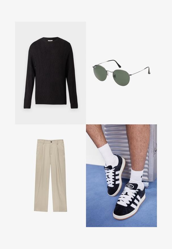 Maglione nero a maniche lunghe con motivo a zig zag e polsini e orlo a costine, con scollatura a girocollo, esposto su uno sfondo bianco semplice.; Pantaloni beige a taglio dritto, con un solo bottone nero, passanti per la cintura e tasche laterali. Tessuto dalla texture liscia e design minimale.; Sneakers in suede nero con lacci bianchi e tre strisce bianche. Presentano un logo circolare nero sulla linguetta e una suola in gomma color gomma.; Occhiali da sole con montatura in metallo e lenti verdi ovali. Montatura sottile in metallo argento e terminali neri. Design minimalista, senza loghi visibili.