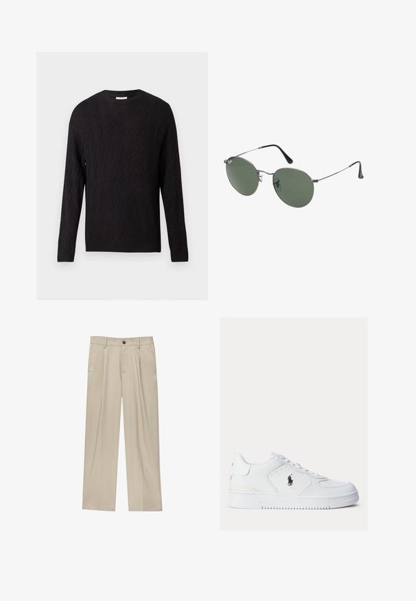 Musta pitkähiha johon kuuluu viistokuvioinen neule ja ribbikäärme, pyöreä pääntie, esitetty yksinkertaisella valkoisella taustalla.; Beige-housut suoran leikkauksen omaavina, joissa on yksi musta nappi, vyölenkit ja sivutaskut. Sileä kangas ja minimalisti muotoilu.; Valkoiset nahkakengät, joissa on tekstuuriset sivut, pyöreä kärki ja rei'itykset. Varustettu mustalla logolla, nauhaverhoilulla ja paksulla kumipohjalla.; Aurinkolasit metallikehyksillä, joissa on soikeat vihreät linssit. Ohut hopeinen metallikehys ja mustat korvapehmusteet. Minimalistinen muotoilu, ei näkyviä logoja.