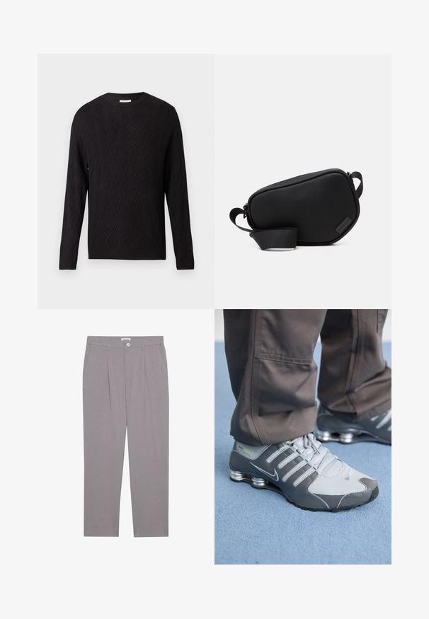 Črna dolga majica z dolgimi rokavi z chevron pletenjem in rebrastimi manšetami ter robom, okruglim ovratnikom, prikazana na enobarvni beli podlagi.; Sive elegantne hlače s ravnim krojem, ki imajo dve sprednji žepni, pliskane in gumbasto zapiranje. Narejene so iz lahko tkanine.; Sive in srebrne Nike Shox teniske imajo eleganten dizajn, z mrežastimi in sintetičnimi materiali, zaobljenim nosom in oblazinjenim ovratnikom.; Črni nahrbtnik za čez ramo z zadrgo je izdelan iz gladkega materiala, ima raven obliko, en trak in majhen logotip. Minimalističen dizajn.
