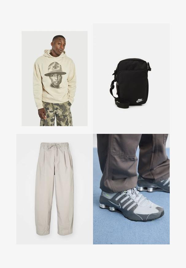Beige Kapuzenpullover mit einem großen schwarz-weißem Grafikdesign einer Person mit Hut. Aus Baumwollmaterial mit weicher Textur. Lockerer Schnitt und Kängurutasche.; Beige, leichte Hose mit elastischem Bund und Zugband. Sie verfügt über Falten und eine lockere Passform, gefertigt aus weichem, glattem Stoff.; Graue und silberne Nike Shox Sneakers zeichnen sich durch ein schlankes Design aus, mit Netz- und Synthetikmaterialien, einer abgerundeten Zehenpartie und einem gepolsterten Schuhkragen.; Schwarze Nylon-Schultertasche mit verstellbarem Tragegurt, Reißverschlussfächern und einem weißen Nike-Logo auf der Vorderseite. Glatte Textur, rechteckige Form.