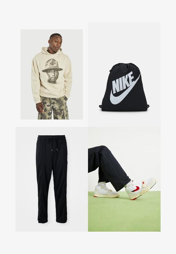 Beżowa bluza z kapturem z dużą czarno-białą grafiką osoby w czapce. Wykonana z bawełnianego materiału o miękkiej fakturze. Luźny krój i kieszeń kangurka.; Czarne spodnie casualowe z gumką w pasie, z kieszeniami wszytymi po bokach i prostym krojem na jednolitym tle.; Białe i kremowe sneakersy z czerwonym akcentem, wykonane z siateczki i zamszu, z teksturowanymi detalami i paskiem z przodu.; Czarny worek na sznurkach z dużym białym logo Nike. Wykonany z lekkiego materiału o gładkiej fakturze i zaokrąglonym kształcie.