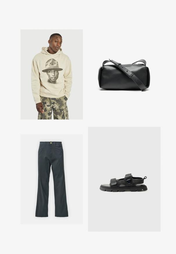 Beige hoodie with a large black and white graphic of a person wearing a hat. Cotton material with a soft texture. Loose fit and kangaroo pocket.; Black pants with a straight leg cut, made from cotton blend fabric. Features a metal button closure and side pockets. No visible patterns.; Black sandals with a textured fabric upper, wide straps, metal buckle accents, and a thick rubber sole featuring a lug pattern.; Black leather crossbody bag with a cylindrical shape, zip closure, and adjustable strap. Smooth texture with minimalistic design details.