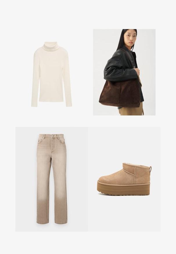 Krém színű garbó felső, bordás anyagból. Hosszú ujjú és testhezálló fazonú. Nincsenek látható minták vagy fémtartozékok.; Beige farmernadrág enyhén kopott hatással, egyenes szárú fazonnal, öt zsebes stílusban, fém gombos záródással a deréknál.; Beige velúr boka csizmák puha belsővel, platform talppal és hátul elhelyezett húzófüllel az egyszerű felhúzás érdekében. Texturált gumitalp.; Barna velúr válltáska széles formával és puha textúrával, egyetlen pánttal és minimális fémalkatrészekkel egy semleges háttér előtt.