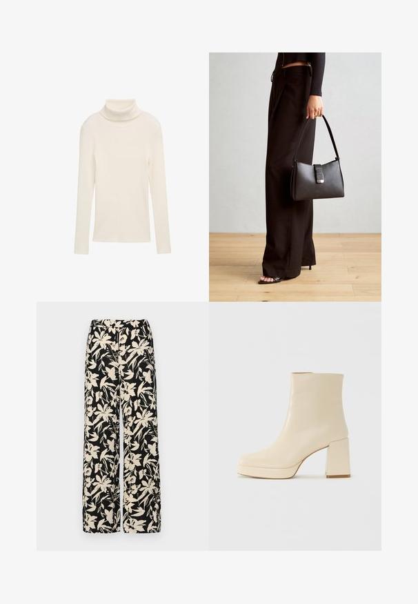 Kreminė turtleneck tipo palaidinė, pagaminta iš raukšlėtos medžiagos. Ilgos rankovės ir aptemptas siluetas. Nėra matomų raštų ar aksesuarų.; Juodos plačios kojos kelnės su grietinėlės spalvos gėlių raštu. Pagamintos iš lengvos medžiagos, pasižyminčios lygiapass viršutine tekstūra ir aukštu liemeniu.; Smėlio spalvos odiniai aulinukai su blokuotu kulnu ir platforma, lygiu paviršiumi ir šiek tiek kvadratiniu nosiu, pasukti kairėn ant balto fono.; Juodas rankinė struktūrizuota forma, lygi tekstūra ir metalinis užsegimas. Suporuota su plačiomis juodomis kelnėmis ir atvirais bateliais ant medinių grindų.