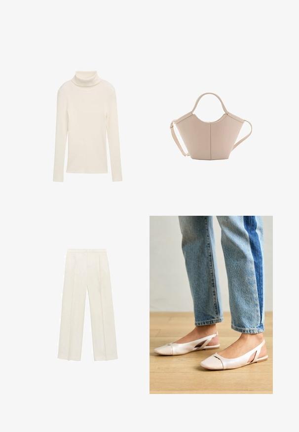 Cremfarbener Rollkragenpullover aus geripptem Stoff. Lange Ärmel und eine figurbetonte Silhouette. Keine sichtbaren Muster oder Hardware-Akzente.; Weit geschnittene Hosen in einem hellen cremefarbenen Farbton. Hergestellt aus einem glatten Stoff mit Falten an der Vorderseite und seitlichen Taschen.; Blassrosa Slingback-Ballerinas mit spitzem Punkt, aus einem glatten, lederähnlichen Material. Mit Ausschnitten an den Seiten und einem flachen Absatz.; Beige Lederhandtasche mit einer einzigartigen Form, die zwei kurze Henkel und einen langen verstellbaren Riemen aufweist. Glatte Textur mit minimalen Hardware-Elementen.