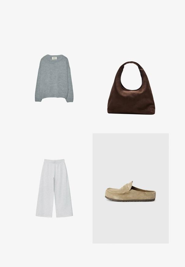 Ljusgrå tröja i mjukt stickat tyg, med rund halsringning, sänkta axlar och ribbade mudd och fåll. Enkelt design, utan mönster.; Ljusgrå vida byxor i mjukt tyg med elastisk midja. Designen har en lös passform för komfort och rörelsefrihet.; Birkenstock NAPLES WRAPPED LEVE TAUPEN - REGULAR - Platt slip-in - taupe; Mjuk brun hobo-väskastil med ett brett axelband och en rundad öppning upptill, visad på en vit bakgrund.