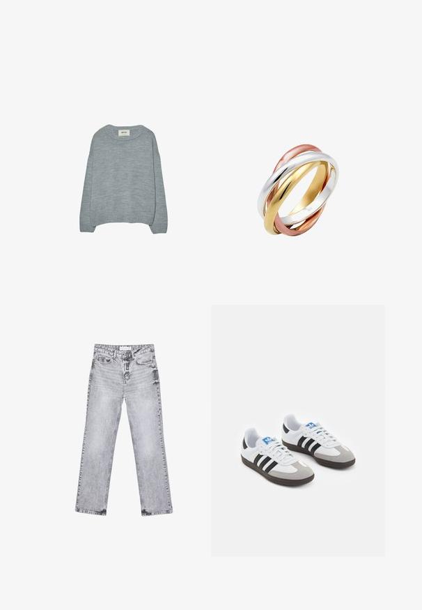 Maglione grigio chiaro realizzato in morbido tessuto a maglia, con scollo rotondo, spalle cadute e polsini e orlo a coste. Design semplice, senza motivi.; Jeans in denim grigio con taglio dritto, dettagli sfilacciati, cinque tasche e rivetti in rame. La cintura presenta un'etichetta con il logo.; Scarpe sportive con tomaia in pelle bianca, punta in suede grigia e tre strisce nere. Presentano un logo blu sulla linguetta e una suola in gomma testurizzata.; Tre anelli intrecciati realizzati in argento lucido, oro e oro rosa, con un design liscio e arrotondato e una finitura brillante.