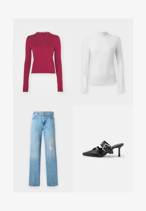 HUGO SCALLIA - Pulóver - medium red; Fehér, hosszú ujjú, garbós felső, textúrált, csillogó anyagból készült. Slim fit fazonú és magas nyakú.; Világoskék farmernadrág, széles lábbal, térdnél koptatott részletekkel, klasszikus ötzsebes kialakítással és övhurkokkal.; Fekete magassarkú mules, hegyes orral, sima bőrből készült. Széles bokapántja van, négyzet alakú ezüst csattal és szegecsekkel.
