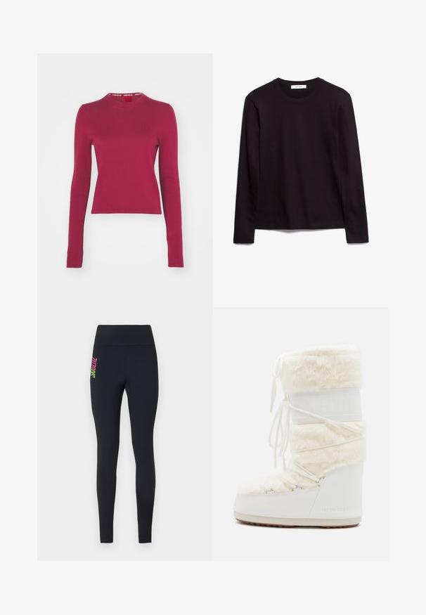 HUGO SCALLIA - Strikkegenser - medium red; Svart langermet t-skjorte med rund hals laget av teksturert stoff, med rett nederkant og sømdetaljer på kragen og skuldrene.; Svart leggings laget av elastisk materiale, med høy midje og fargerik vertikal merkevare på venstre hoft i rosa og grønn.; Hvit Moon Boot med faux fur-overdel, snøring foran og gummisåle. Teksturert finish og preget logo på siden. Kraftig, polstret design.