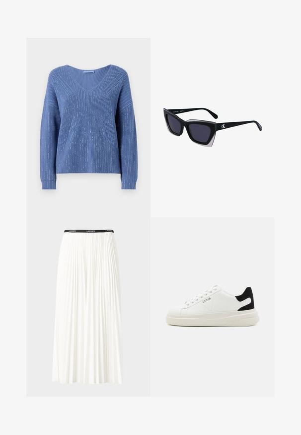 Pull en tricot bleu avec un col en V, doté de côtes verticales et de reflets subtils. Manches longues avec une coupe décontractée.; Jupe plissée blanche avec une taille élastique noire portant le logo "LACOSTE". Design mi-long avec une texture douce.; Baskets en cuir blanc avec une épaisse semelle blanche, un accent en daim noir au niveau du talon et un logo embossé sur le côté. Design à lacets avec six œillets.; Lunettes de soleil noires surdimensionnées avec une forme géométrique, dotées de verres foncés et d'un détail gris contrastant sur la monture. Logo sur la branche.; Boucles d'oreilles en argent avec une finition lisse et brillante. Forme arrondie, conception légère, avec un fermoir à tige.