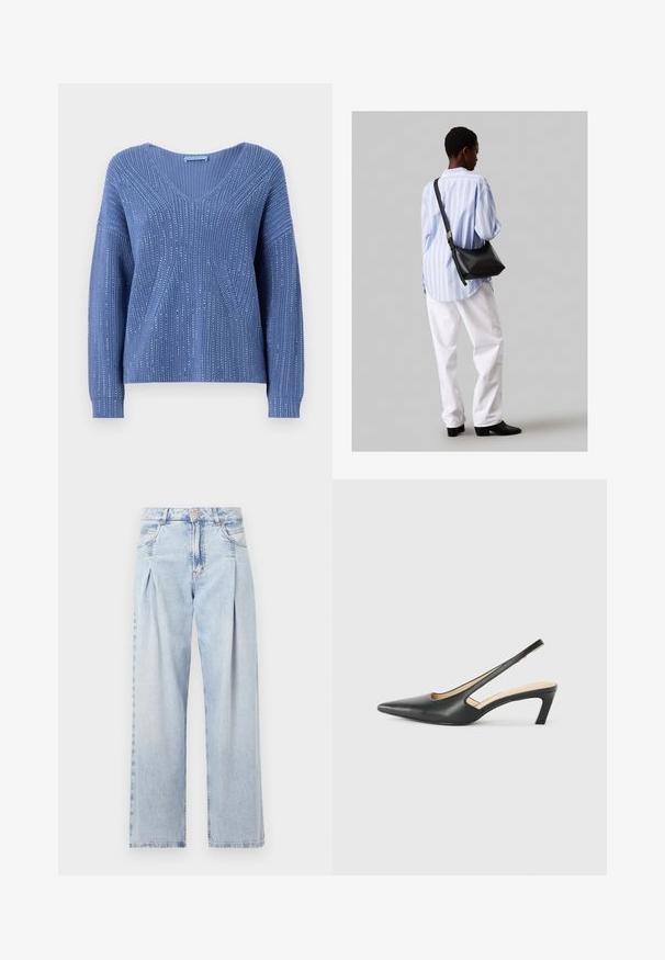 Modrý pletený svetr s V-výstřihem, který má vertikální žebrování a jemné lesklé akcenty. Dlouhé rukávy s uvolněným střihem.; Světlé modré džíny z denimu s vysokým pasem, širokým střihem, dvěma bočními kapsami a nařaseným designem. Měkká textura s vybledlým povrchem.; Černý špičatý slingback s nízkým podpatkem, vyrobený z hladké kůže, s výřezem na boku pro lepší prodyšnost.; Černá kožená kabelka přes rameno s jemnou texturou, trojúhelníkovým tvarem a nastavitelným popruhem, v kombinaci se světle modrou pruhovanou košilí a bílými kalhotami.