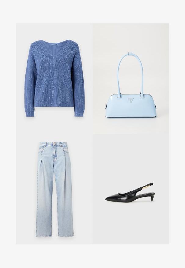 Maglione azzurro lavorato a maglia con scollo a V, caratterizzato da costine verticali e accenti di lucentezza sottile. Maniche lunghe con vestibilità comoda.; Jeans in denim azzurro chiaro con vita alta, taglio a gamba larga, due tasche laterali e design plissettato. Texture morbida con una finitura sbiadita.; Tacchi slingback in pelle nera con punta affusolata, caratterizzati da un tacco alto e un accento dorato sulla cinghia regolabile. Texture liscia.; Borsa a mano azzurro chiaro con forma strutturata, materiale in pelle liscia, due manici e logo triangolare sul davanti. Chiusura con zip.