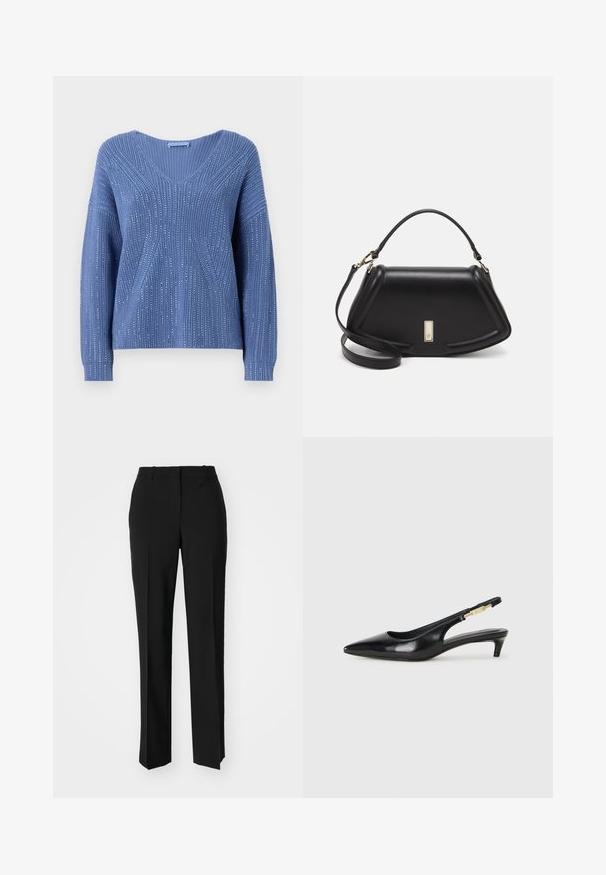 Maglione azzurro lavorato a maglia con scollo a V, caratterizzato da costine verticali e accenti di lucentezza sottile. Maniche lunghe con vestibilità comoda.; Pantaloni neri su misura con un design a gamba dritta, caratterizzati da una texture liscia e pieghe ben definite sul davanti. Senza hardware visibile.; Tacchi slingback in pelle nera con punta affusolata, caratterizzati da un tacco alto e un accento dorato sulla cinghia regolabile. Texture liscia.; Borsa a mano in pelle nera con un design strutturato, caratterizzata da una forma corta, manico superiore e accessori in metallo dorato. Inclusa tracolla regolabile.