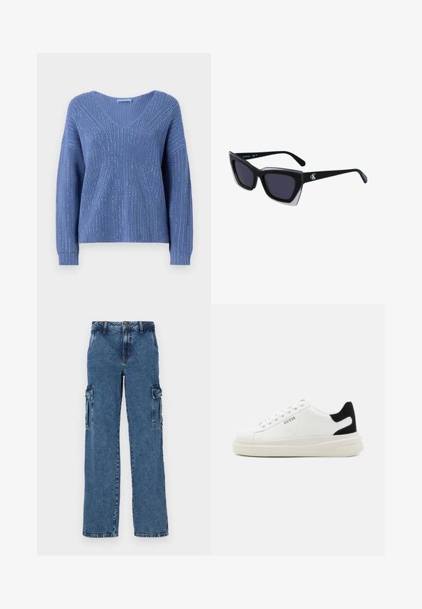 Maglione azzurro lavorato a maglia con scollo a V, caratterizzato da costine verticali e accenti di lucentezza sottile. Maniche lunghe con vestibilità comoda.; Pantaloni cargo in denim blu con vestibilità relaxed, dotati di due tasche laterali, cuciture rinforzate e design a gamba dritta.; Sneaker bianchi in pelle con suola spessa bianca, accento in suede nero sul tallone e logo impresso sul lato. Design con lacci e sei fori per i lacci.; Occhiali da sole oversize neri dalla forma geometrica, con lenti scure e un dettaglio grigio a contrasto sulla montatura. Logo sul braccio.