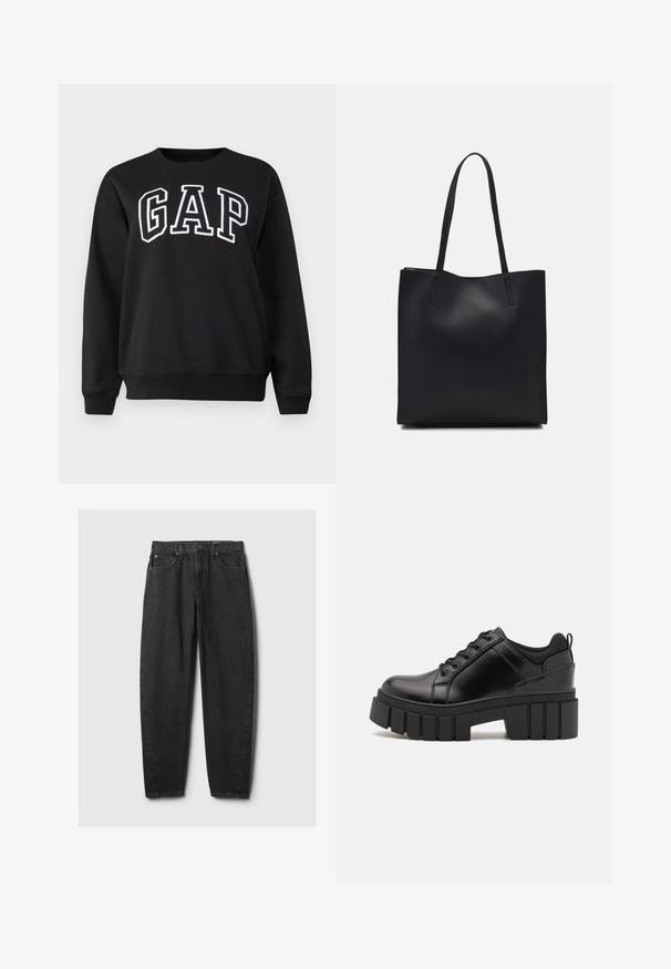 Fekete pamut pulóver, kerek nyakkivágással. Elöl nagy fehér "GAP" felirat található. Hosszú ujjakkal és bordázott mandzsettákkal rendelkezik.; Fekete farmernadrág, egyenes szabással, öt zsebes kialakítással, övlyukakkal és gombos záródással. Az anyag sima tapintású, enyhe kopással.; Fekete bőr platform cipők vaskos blokk sarkakkal, kerek orral és hagyományos fűzős kialakítással. Simára csiszolt felület és minimális részletezés jellemzi.; Fekete bőrtáska sima felszínnel, téglalap alakú, két hosszú füllel. Nincs látható fémkiegészítő vagy díszítés.