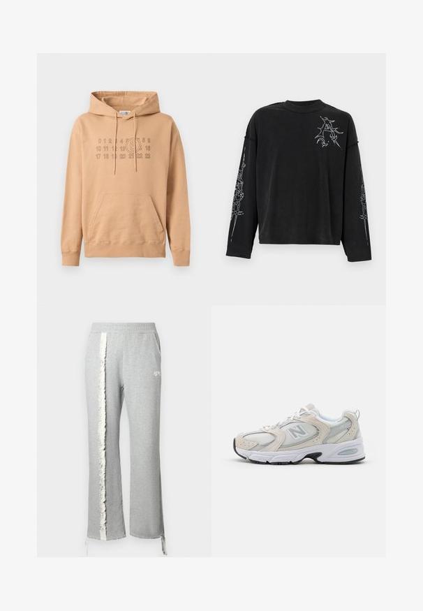 Huppari vaaleasta puuvillasta. Siinä on etutasku, ribbireunat ja painettu graafinen kuva numeroista ja ympyrästä rinnassa.; Pitkähihaisesta mustasta t-paidasta, joka on valmistettu puuvillasta, löytyy valkoisia graafisia kuvastoja vasemmalta rintamalta ja molemmista hihoista. Rennon mallinen, pyöreä pääntie.; Harmaat verkkarit, joissa on teksturoitu valkoinen pystysuora raita ja nyörit kouruissa. Sisältää logon vyötäröllä ja sivutaskut.; Urheilusandaalit, joissa on vaaleanharmaa verkkopäällinen nahkapainatuksilla, valkoiset nauhat ja musta kumipohja. Huomiota herättävä ABZORB-vuorauksen yksityiskohta.