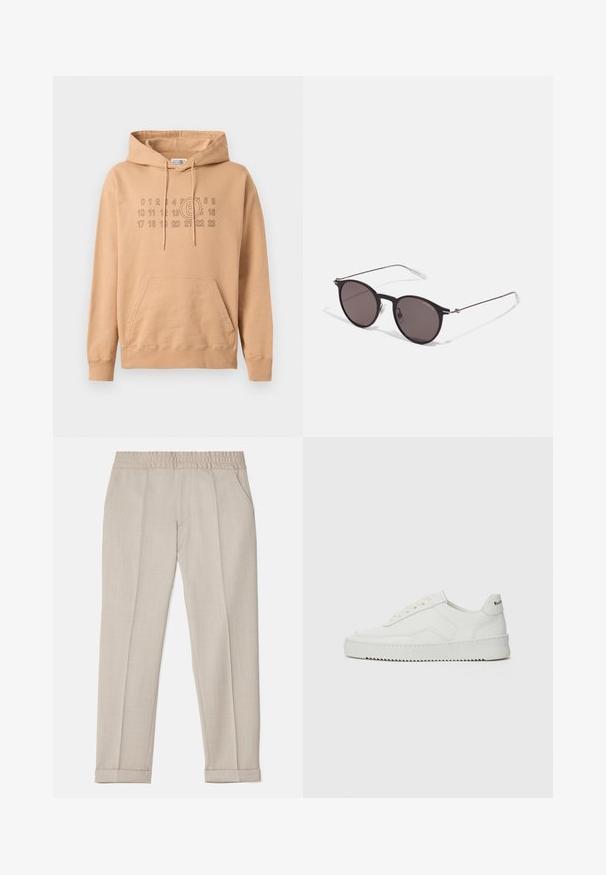 Hoodija gaiši brūnā kokvilnā. Iezīmēta ar priekšējo kabatu, ribotām piedurknēm un drukātu grafiku ar skaitļiem un apli uz krūtīm.; Filippa K TERRY CROPPED TROUSERS - Auduma bikses - sage melange; Baltas ādas sneakers ar gludu virsmu, apaļu pirkstu daļu, plakaniem šņorēm un teksturētu zoli. Satur diskrētu logotipu uz papēža.; Melni apaļi saulesbrilles ar tumšiem lēca un plānām metāla stangām. Iekļautas caurspīdīgas tempļu galviņas un sudraba akcenti pie eņģes. Minimalistisks dizains.