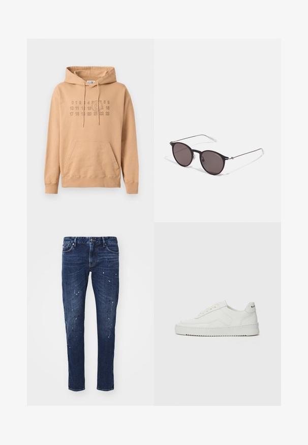 Felpa con cappuccio in cotone marrone chiaro. Presenta una tasca frontale, polsini a costine e una stampa grafica di numeri e un cerchio sul petto.; Jeans in denim blu scuro con vestibilità slim, caratterizzati da schizzi di vernice, cuciture visibili e design classico a cinque tasche. Taglio dritto.; Sneaker in pelle bianca con una finitura liscia, punta rotonda, lacci piatti e suola testurizzata. Presenta un logo discreto sul tallone.; Occhiali da sole neri rotondi con lenti scure e sottili bracci in metallo. Include punte trasparenti e accenti argentati alla cerniera. Design minimalista.