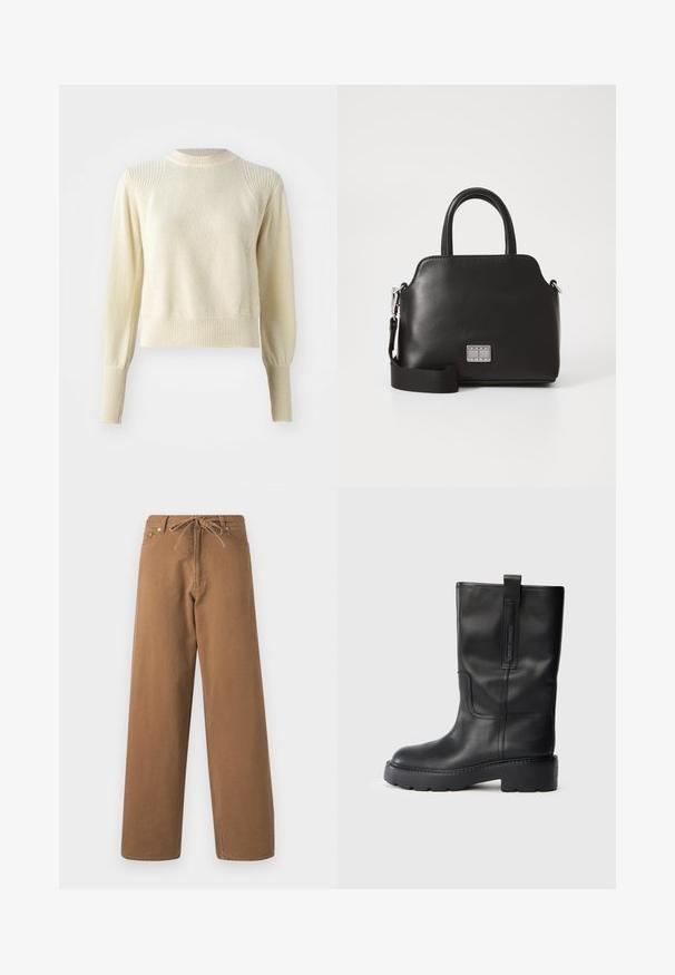 Pull crème avec un motif de tricot texturé, des poignets et un ourlet côtelés, et un col rond. Présente des manches structurées légèrement bouffantes.; Pantalons larges marron en coton, avec une taille à cordon de serrage et deux poches avant. Tissu texturé avec une finition lisse.; Bottes en cuir noir jusqu'au genou au design épuré, avec une semelle épaisse et une languette latérale pour un enfilage facile. Coutures remarquables.; Sac à main en synthétique noir avec anses supérieures, bandoulière amovible, forme arrondie, texture lisse et accent logo argenté à l'avant.