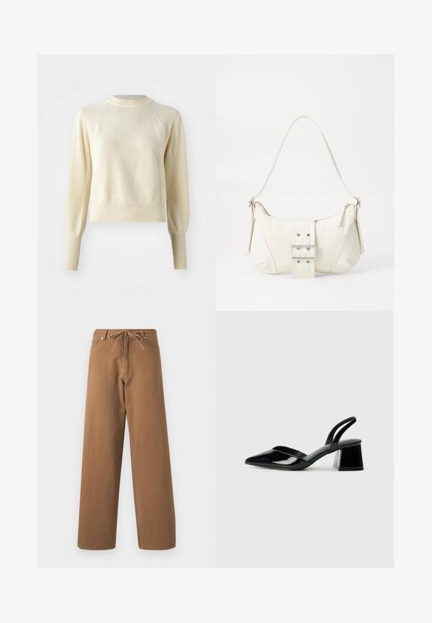 Cremefarbener Pullover mit einem strukturierten Strickmuster, gerippten Ärmelbündchen und Saum sowie einem runden Ausschnitt. Verfügt über strukturierte, leicht gepuffte Ärmel.; Braune weit geschnittene Hosen aus Baumwolle, mit einem Kordelzugbund und zwei Fronttaschen. Strukturiertes Gewebe mit glatter Oberfläche.; Schwarze Lackleder-Slingback-High Heels mit spitzem Schuh und einem geometrischen Blockabsatz. Verfügt über ein schlankes, minimalistisches Design und eine glatte Textur.; Weiße Schultertasche mit texturierter Oberfläche, zentralem Schnallenakzent und geschwungener Form. Reißverschluss an beiden Seiten.