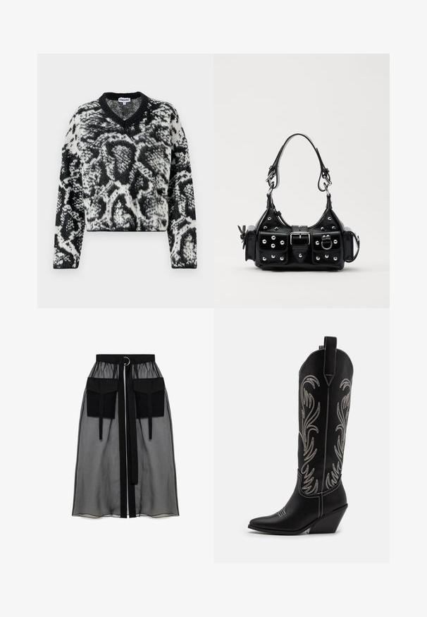 Black and white cropped sweater with a v-neck, featuring a textured animal print pattern and long sleeves. Soft knit material.; Black sheer skirt with a gathered waistband, featuring two large front pockets, a waist tie, and a circular metal accent.; Black leather cowboy boots with pointed toes, wedge heels, and silver embroidered floral patterns along the shaft. Contrast stitching throughout.; Black leather handbag with a curved design, featuring silver studs, a buckle, and two side pockets. Adjustable strap for carrying options.