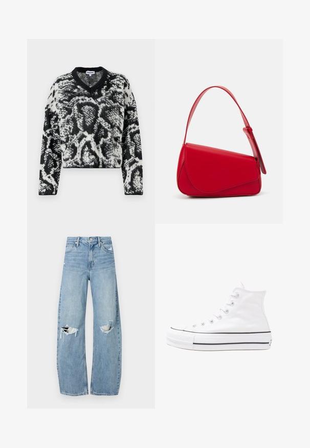 Fekete-fehér, cropped pulóver V-kivágással, textúrált állatmintás mintázattal és hosszú ujjakkal. Puha kötött anyag.; Világoskék, magas derekú farmernadrág. Széles lábakkal, két szakadt térddel és klasszikus öt zsebes dizájnnal rendelkezik.; Fehér magaskorsó vászon sportcipő fekete gumi talppal, elülső gumi orrnyereggel és hat fűzőlyukkal, letisztult, minimalista dizájnnal.; Piros bőr kézitáska szögletes, geometrikus kialakítással. Egy állítható pánttal és varrott részletekkel ellátott fedélzárral rendelkezik.