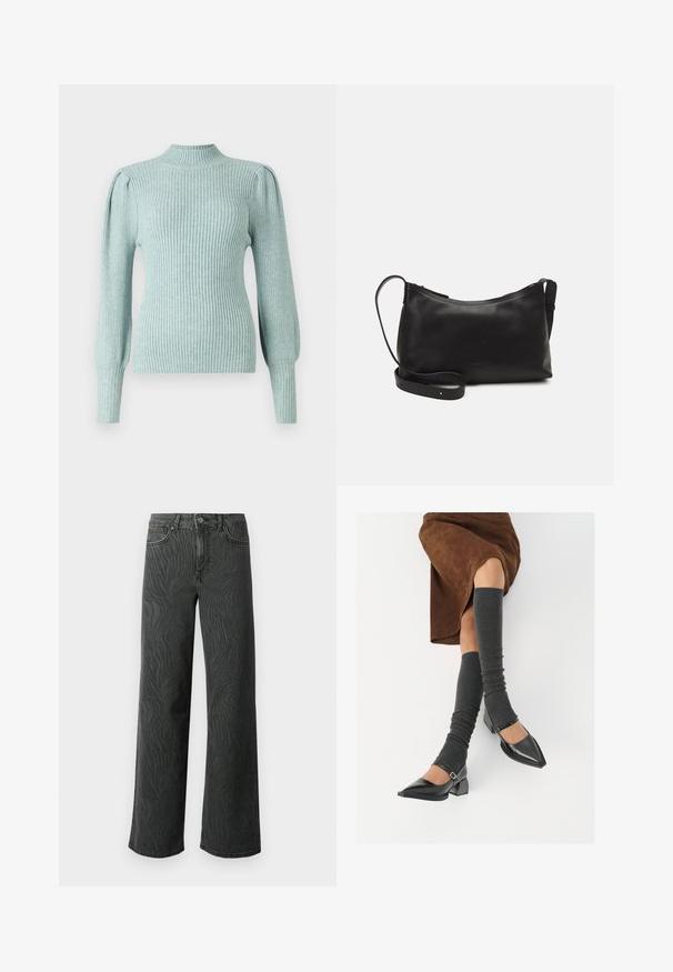 Hellblauer, gerippter Pullover mit stehendem Kragen, strukturierten Schulternähten und enganliegenden langen Ärmeln. Weiche Textur mit dehnbarem Material.; Weite Jeans aus dunkelgrauem Denim, mit einer subtilen Zebra-Muster-Struktur, kontrastierenden Nähten und einem Fünf-Taschen-Design mit einem Knopfverschluss.; Schwarze lacklederne spitze Schuhe mit Blockabsatz und Knöchelriemen, kombiniert mit grauen gerippten Beinstulpen und einem braunen Wildlederrock.; Schwarze Ledertasche für die Schulter mit glatter Textur, geschwungener Form, verstellbarem Tragegurt und Reißverschluss. Minimalistisches Design ohne Verzierungen.