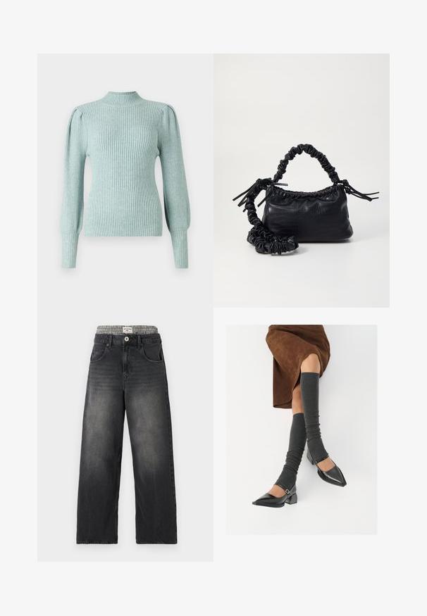 Világoskék, bordázott pulóver állógallérral, strukturált vállvarrásokkal és szabott, hosszú ujjakkal. Puha tapintású, rugalmas anyag.; Fekete farmer széles lábú farmernadrág, sakktáblás mintájú derékkal. Jellemzői közé tartozik a frontzsebek és a gombos záródás. Hangsúlyozottan megkopott textúra.; Fekete lakk bőrből készült, hegyes orrú cipők, tömbsarkúakkal és bokapánttal, szürke bordás lábszármelegítőkkel és barna velúr szoknyával párosítva.; Fekete műbőr kézi táska krokodil bőr textúrával, összehúzható tetejű és gyűrt pánttal. Lágy és kompakt dizájnúnak tűnik.